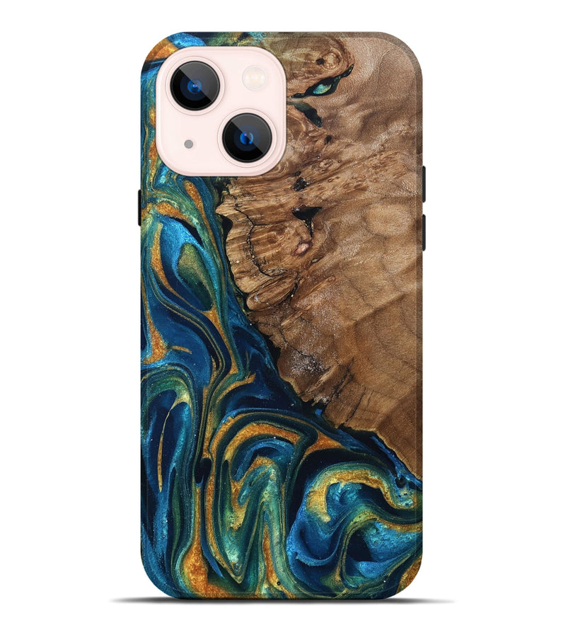iPhone 14 Plus Wood Live Edge Phone Case - Alonzo (Teal & Gold, 832199)