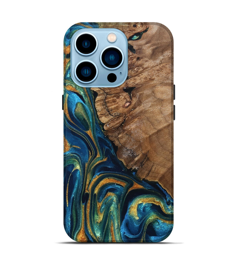 iPhone 14 Pro Wood Live Edge Phone Case - Alonzo (Teal & Gold, 832199)