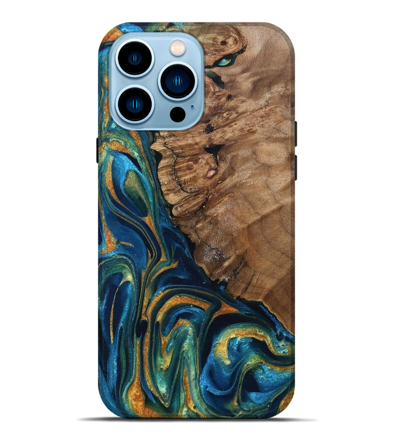 iPhone 14 Pro Max Wood Live Edge Phone Case - Alonzo (Teal & Gold, 832199)