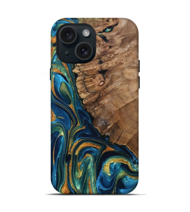iPhone 15 Wood Live Edge Phone Case - Alonzo (Teal & Gold, 832199)
