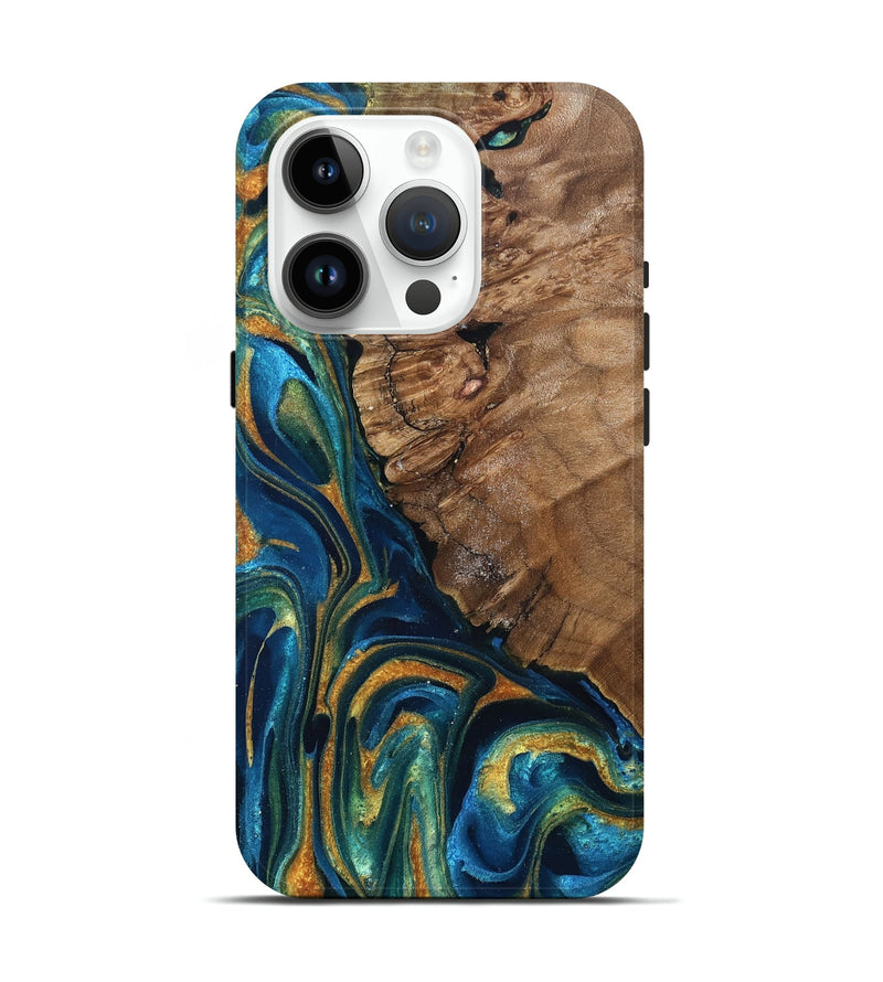 iPhone 15 Pro Wood Live Edge Phone Case - Alonzo (Teal & Gold, 832199)