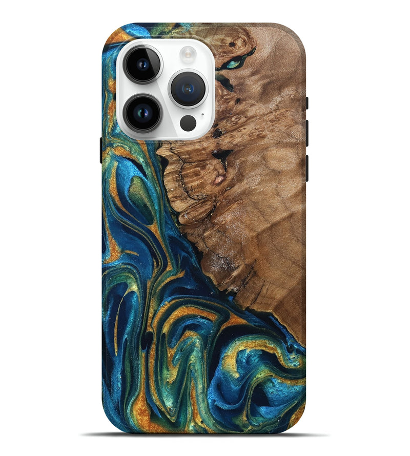 iPhone 15 Pro Max Wood Live Edge Phone Case - Alonzo (Teal & Gold, 832199)