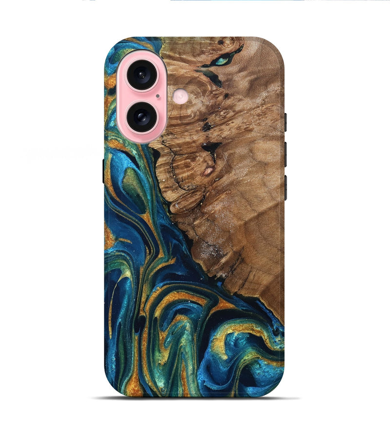 iPhone 16 Wood Live Edge Phone Case - Alonzo (Teal & Gold, 832199)