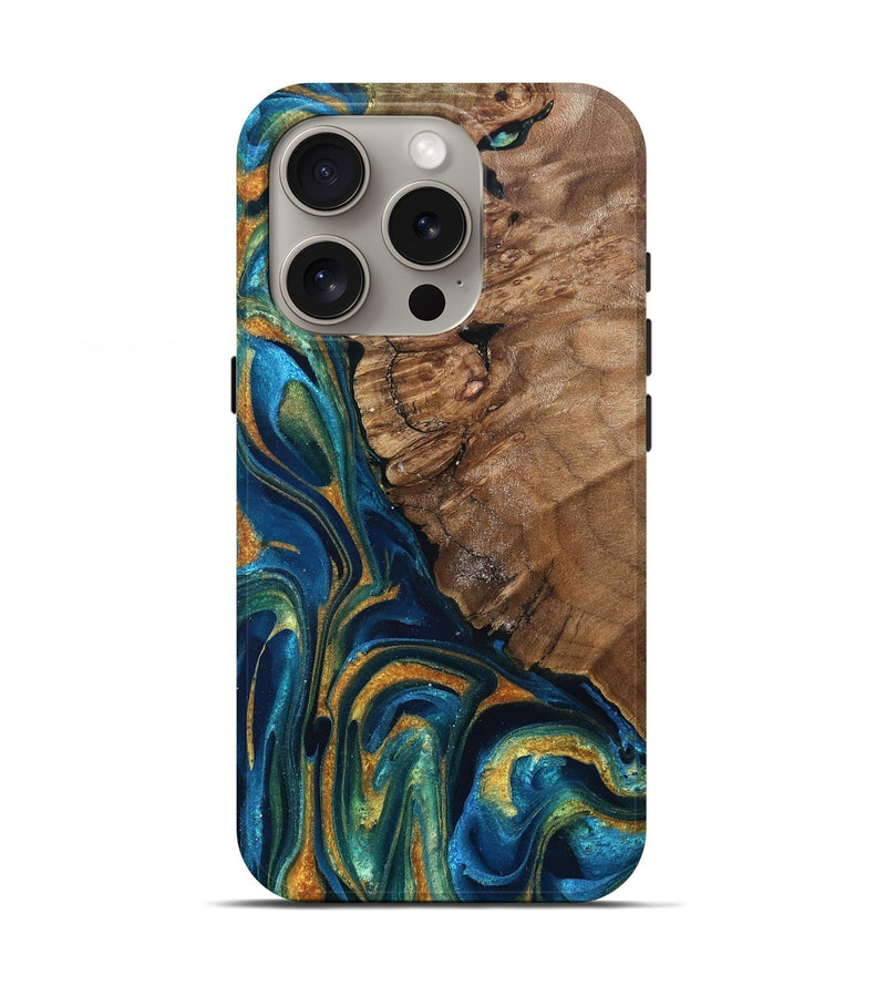 iPhone 16 Pro Wood Live Edge Phone Case - Alonzo (Teal & Gold, 832199)