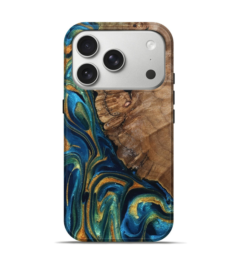iPhone 17 Pro Wood Live Edge Phone Case - Alonzo (Teal & Gold, 832199)