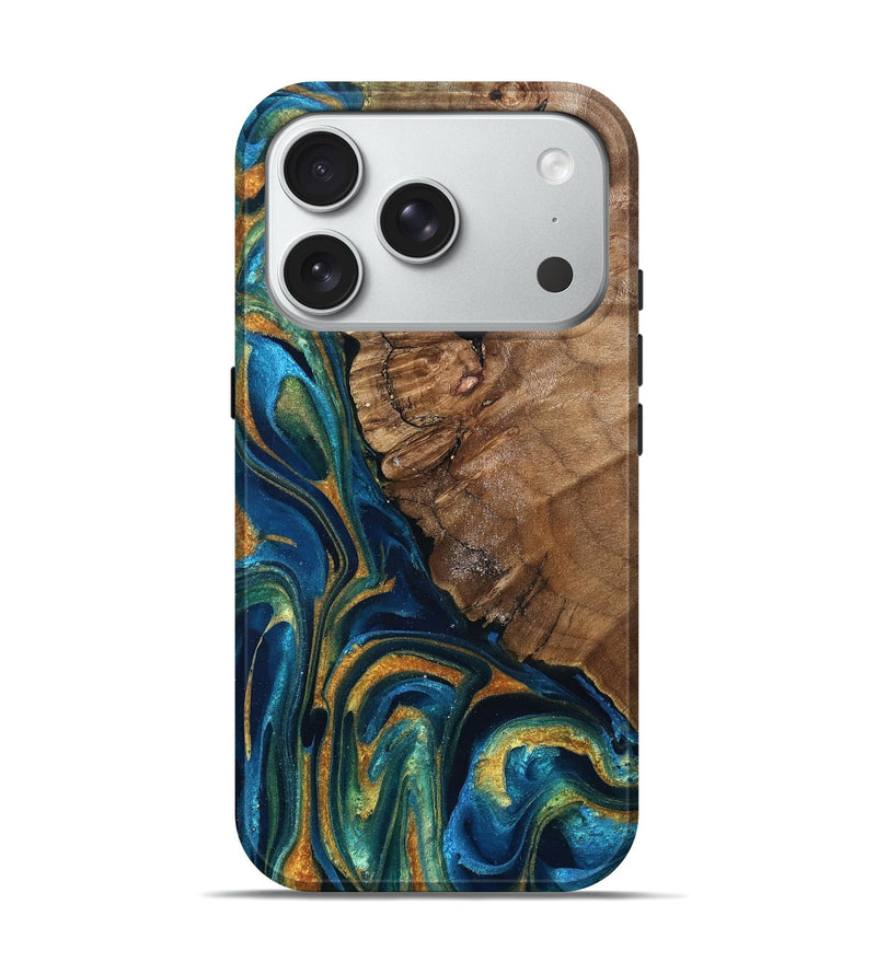 iPhone 18 Pro Wood Live Edge Phone Case - Alonzo (Teal & Gold, 832199)