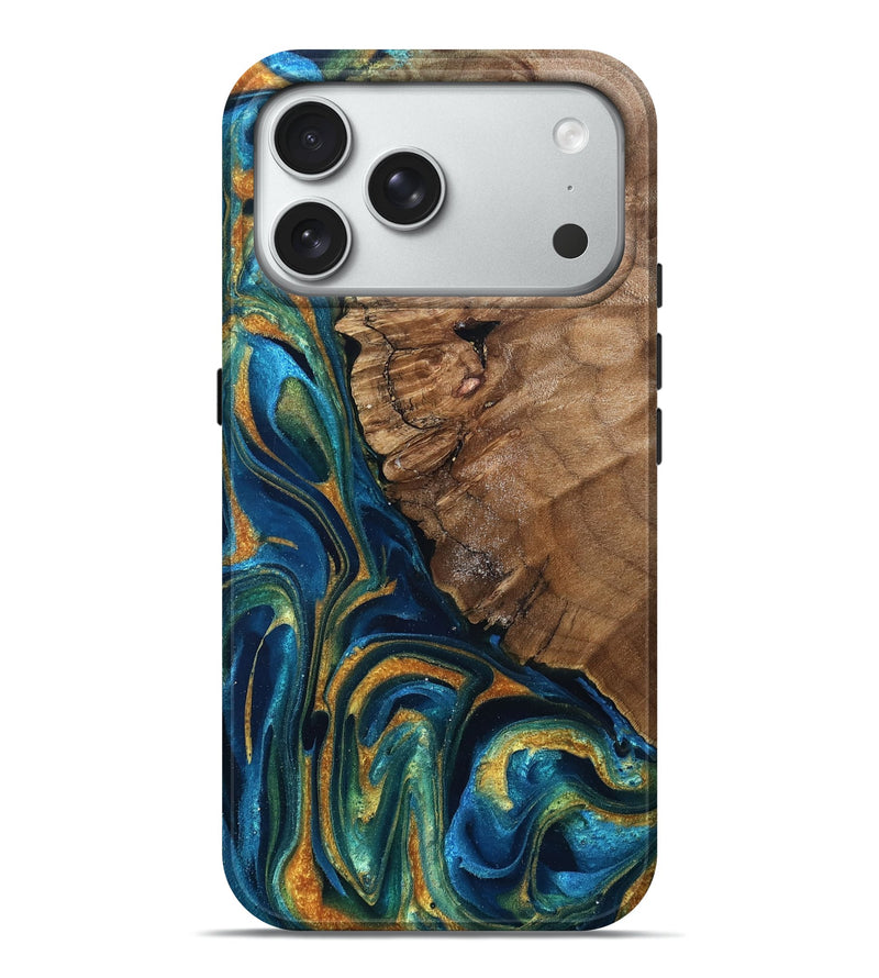 iPhone 18 Pro Max Wood Live Edge Phone Case - Alonzo (Teal & Gold, 832199)