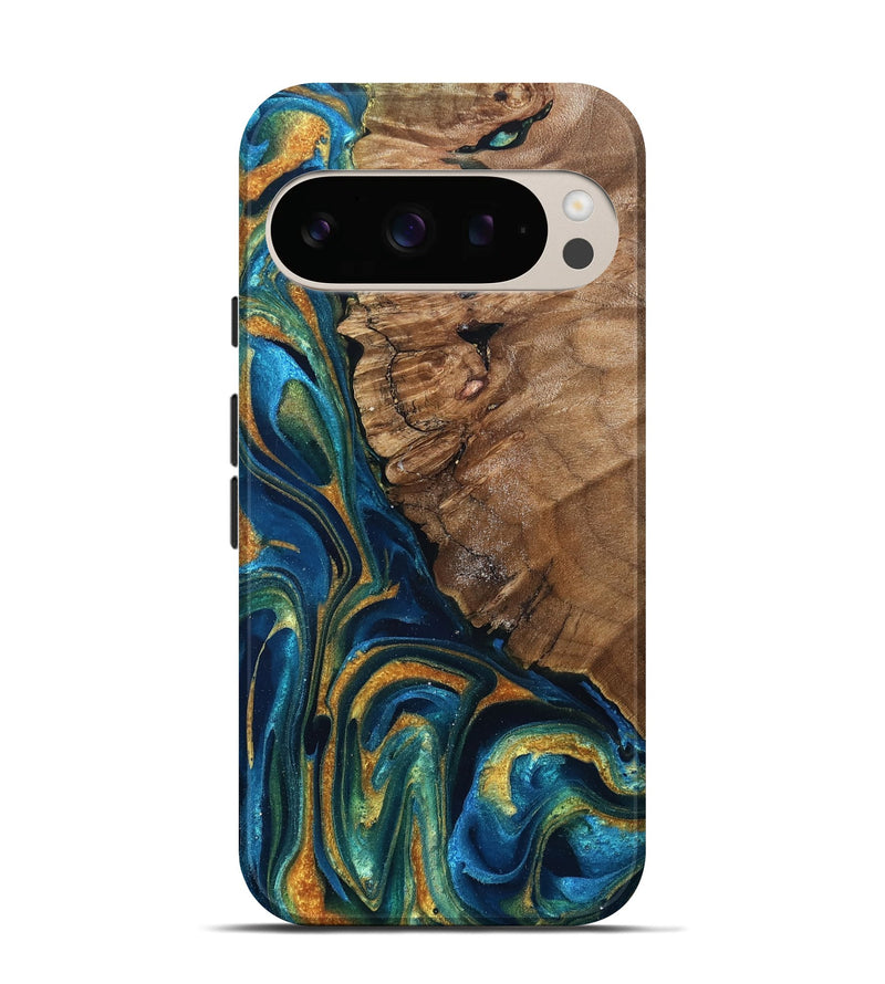 Pixel 10 Pro Wood Live Edge Phone Case - Alonzo (Teal & Gold, 832199)