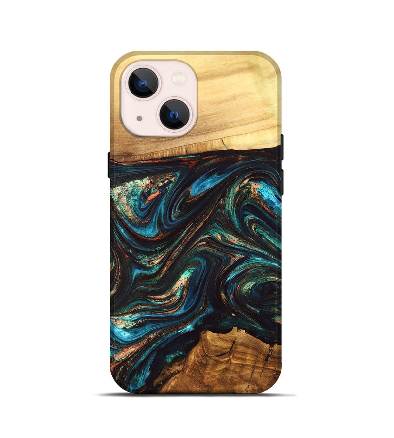 iPhone 13 mini Wood Live Edge Phone Case - Shannon (Teal & Gold, 832207)