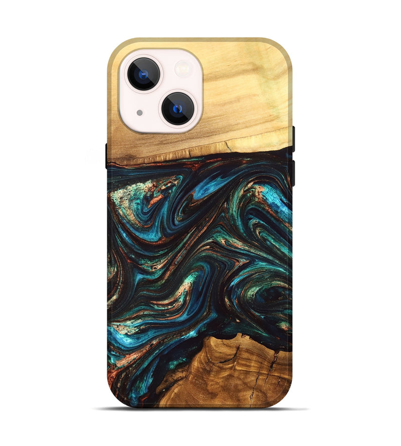 iPhone 14 Wood Live Edge Phone Case - Shannon (Teal & Gold, 832207)