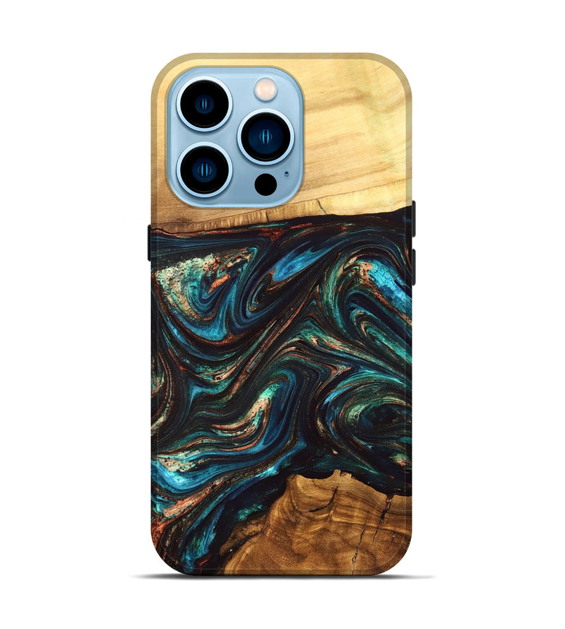 iPhone 14 Pro Wood Live Edge Phone Case - Shannon (Teal & Gold, 832207)