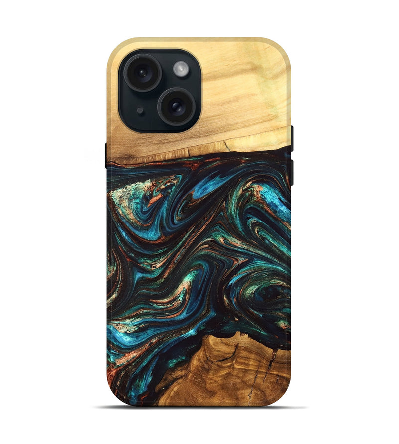 iPhone 15 Wood Live Edge Phone Case - Shannon (Teal & Gold, 832207)