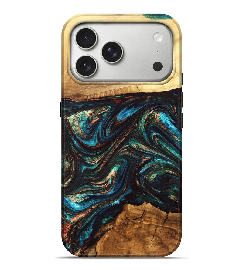 iPhone 17 Pro Max Wood Live Edge Phone Case - Shannon (Teal & Gold, 832207)