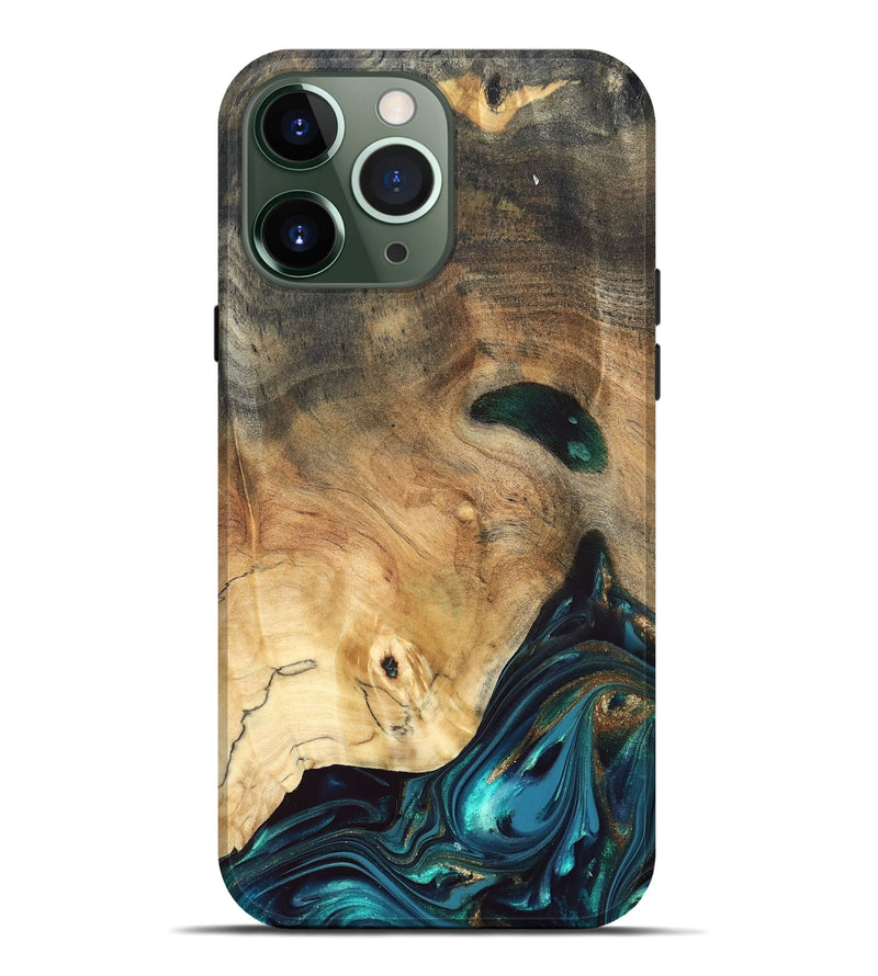 iPhone 13 Pro Max Wood Live Edge Phone Case - Daisie (Teal & Gold, 832208)