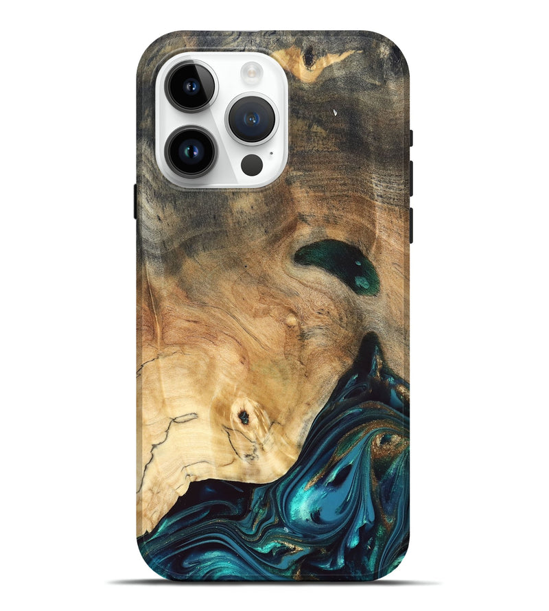 iPhone 15 Pro Max Wood Live Edge Phone Case - Daisie (Teal & Gold, 832208)