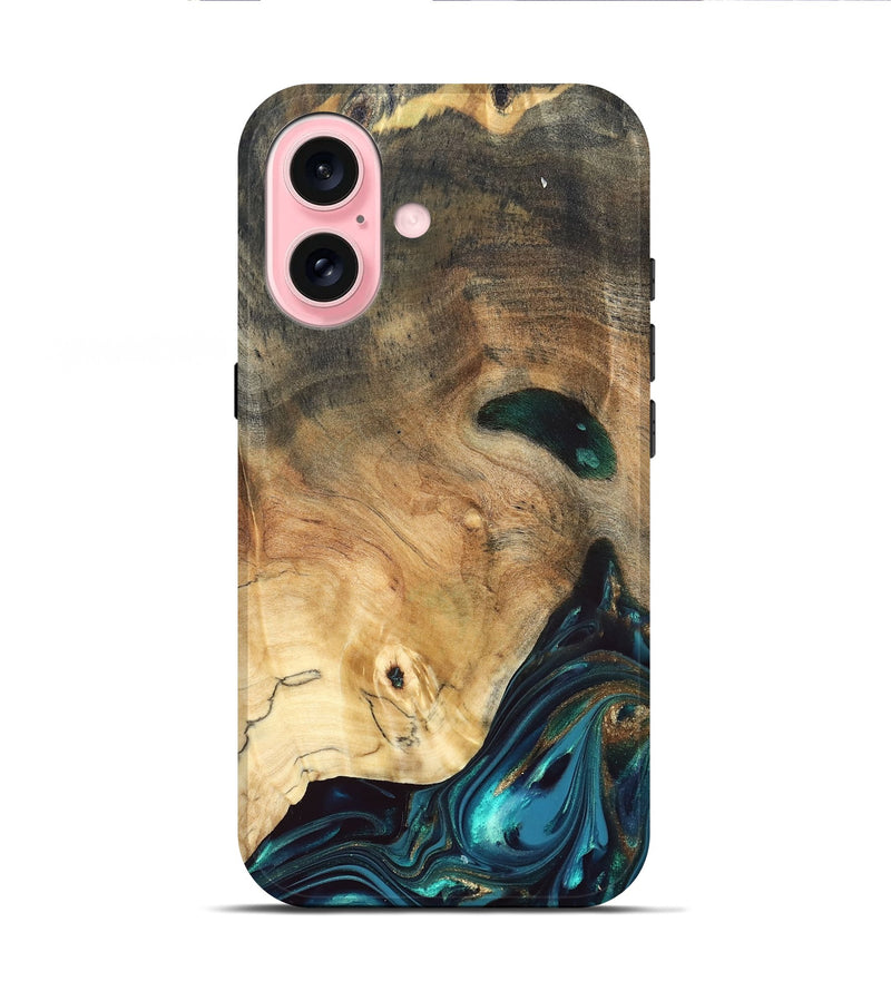 iPhone 16 Wood Live Edge Phone Case - Daisie (Teal & Gold, 832208)