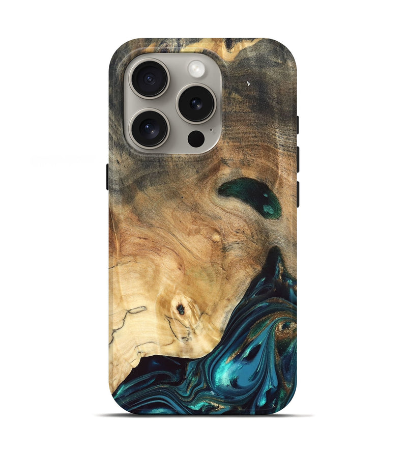 iPhone 16 Pro Wood Live Edge Phone Case - Daisie (Teal & Gold, 832208)