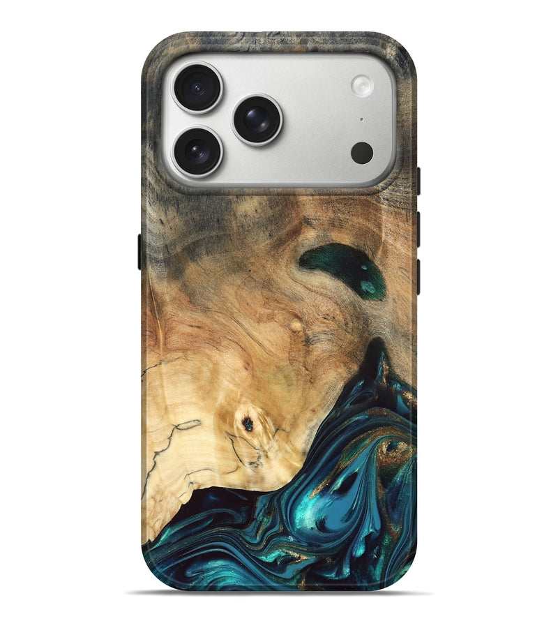 iPhone 17 Pro Max Wood Live Edge Phone Case - Daisie (Teal & Gold, 832208)
