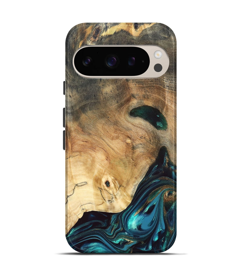 Pixel 9 Pro Wood Live Edge Phone Case - Daisie (Teal & Gold, 832208)
