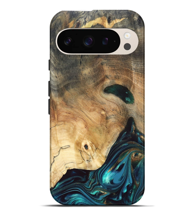 Pixel 9 Pro XL Wood Live Edge Phone Case - Daisie (Teal & Gold, 832208)
