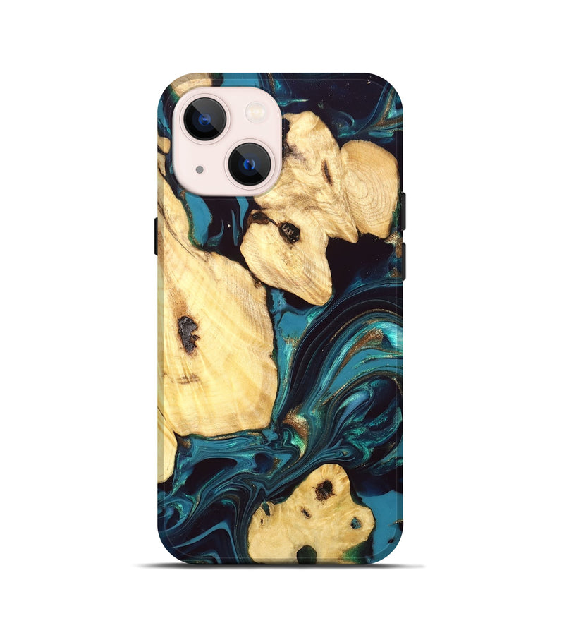 iPhone 13 mini Wood Live Edge Phone Case - Ettie (Teal & Gold, 832216)