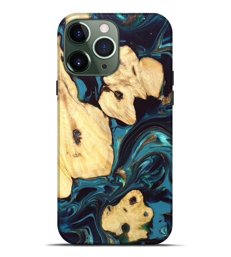iPhone 13 Pro Max Wood Live Edge Phone Case - Ettie (Teal & Gold, 832216)