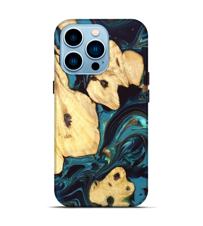 iPhone 14 Pro Wood Live Edge Phone Case - Ettie (Teal & Gold, 832216)