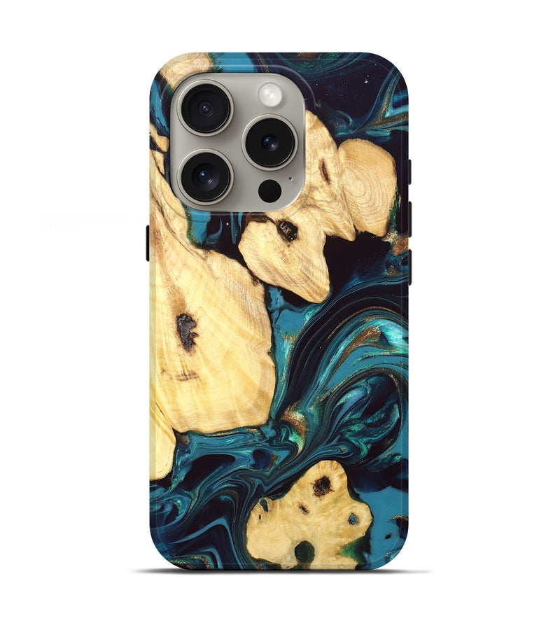 iPhone 16 Pro Wood Live Edge Phone Case - Ettie (Teal & Gold, 832216)