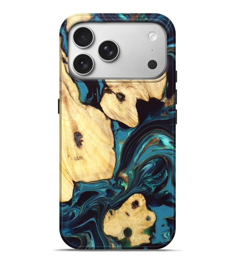 iPhone 17 Pro Max Wood Live Edge Phone Case - Ettie (Teal & Gold, 832216)