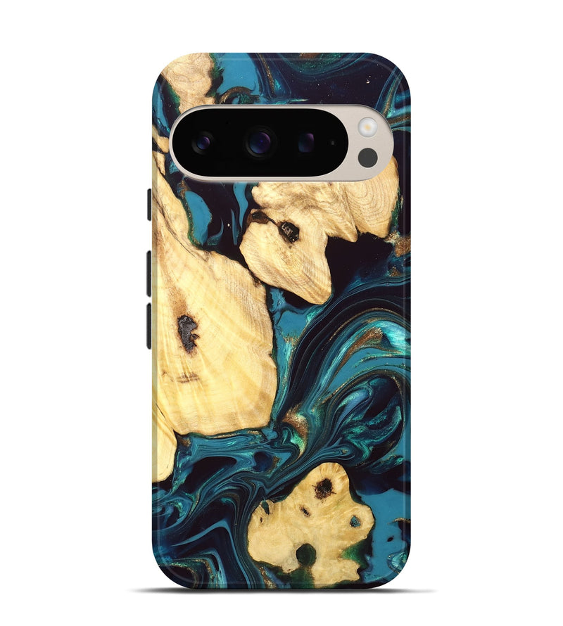 Pixel 9 Wood Live Edge Phone Case - Ettie (Teal & Gold, 832216)