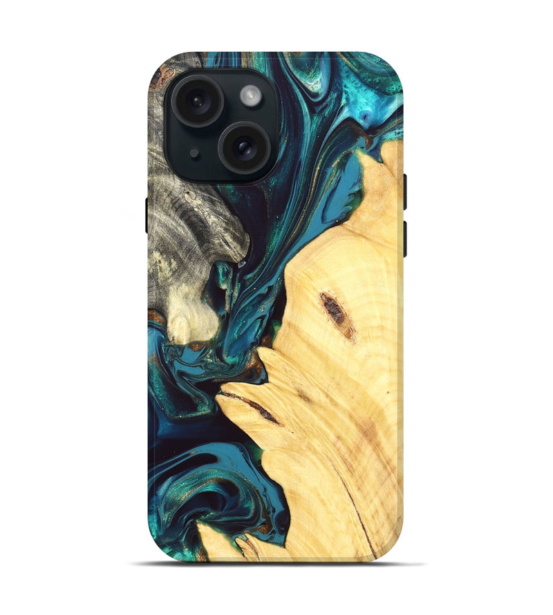 iPhone 15 Wood Live Edge Phone Case - Lemuel (Teal & Gold, 832217)