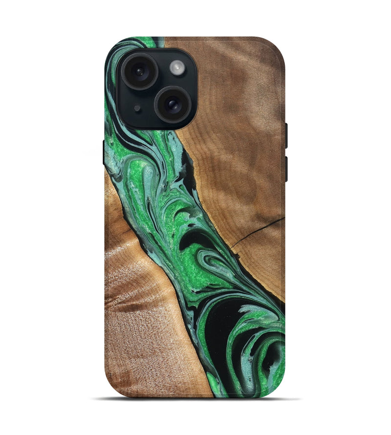 iPhone 15 Wood Live Edge Phone Case - Ava (Green, 832220)