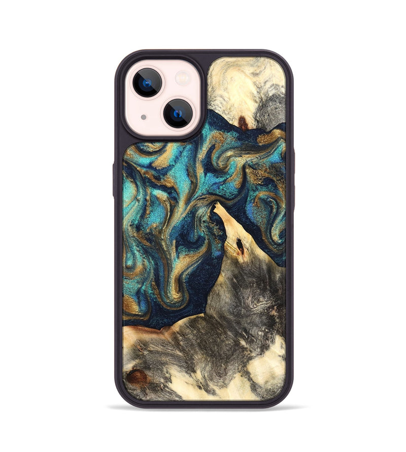 iPhone 14 Wood Phone Case - Liv (Teal & Gold, 832354)