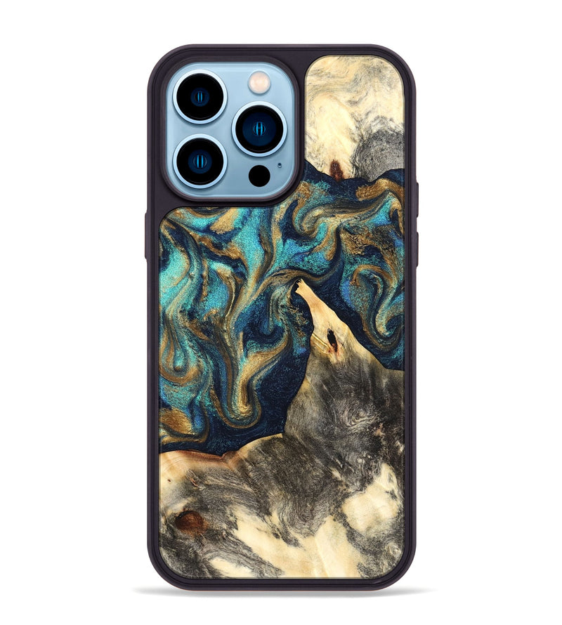 iPhone 14 Pro Max Wood Phone Case - Liv (Teal & Gold, 832354)