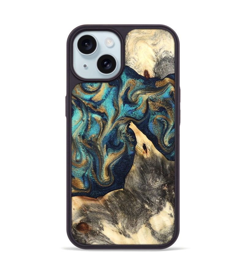 iPhone 15 Wood Phone Case - Liv (Teal & Gold, 832354)