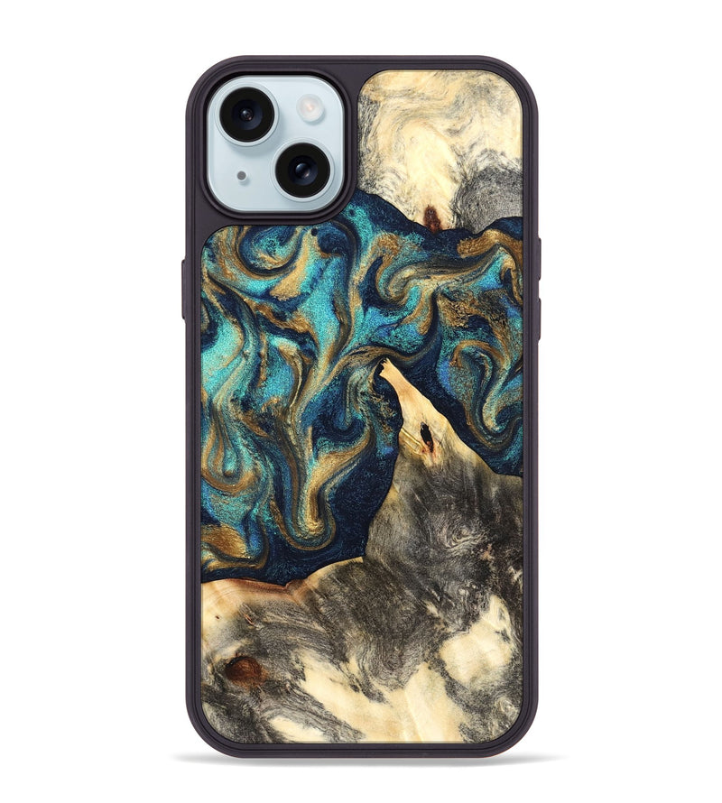 iPhone 15 Plus Wood Phone Case - Liv (Teal & Gold, 832354)