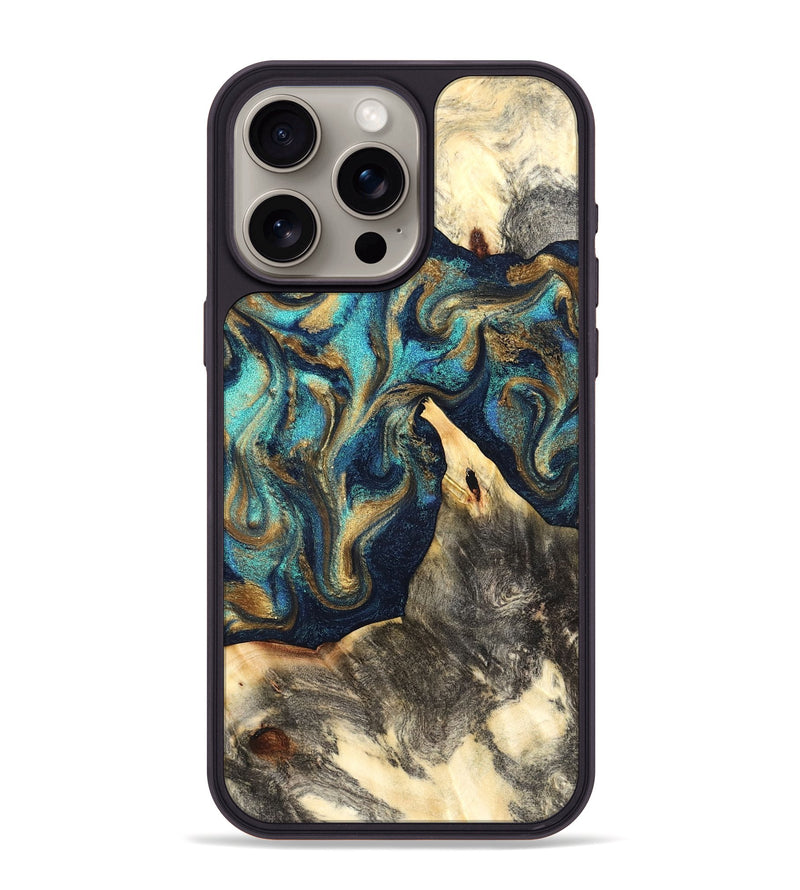 iPhone 15 Pro Max Wood Phone Case - Liv (Teal & Gold, 832354)