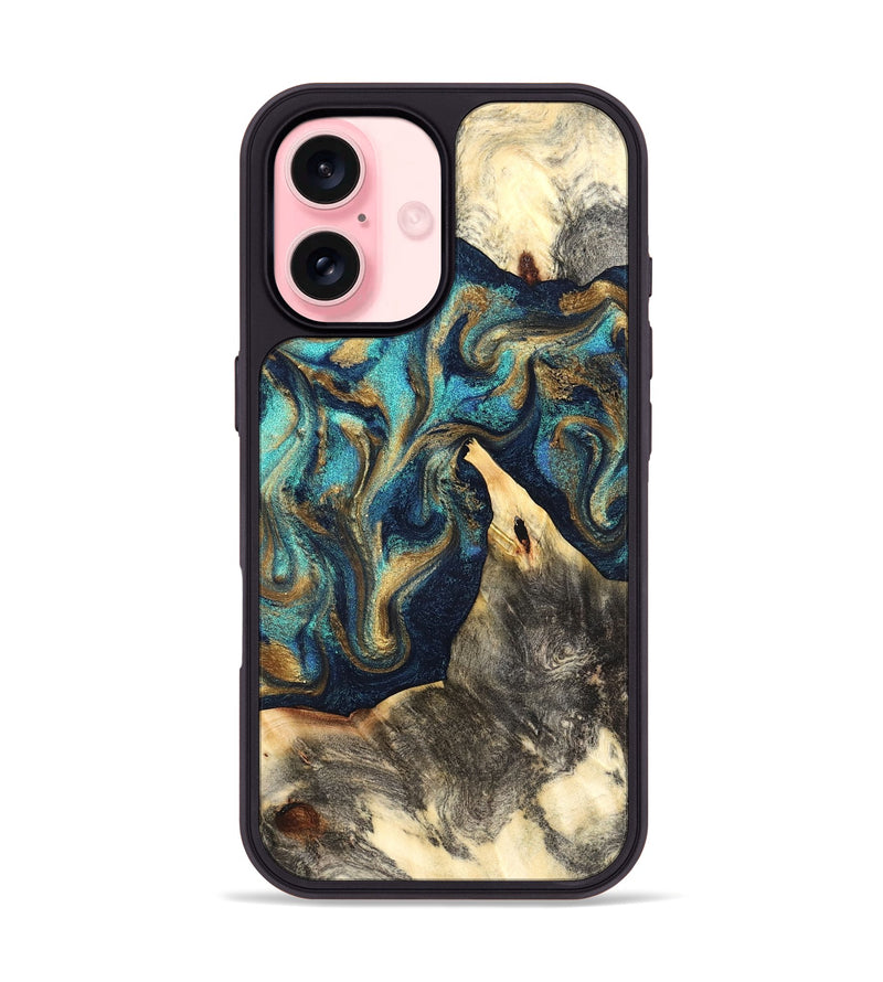 iPhone 16 Wood Phone Case - Liv (Teal & Gold, 832354)