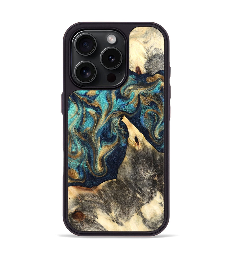 iPhone 16 Pro Wood Phone Case - Liv (Teal & Gold, 832354)