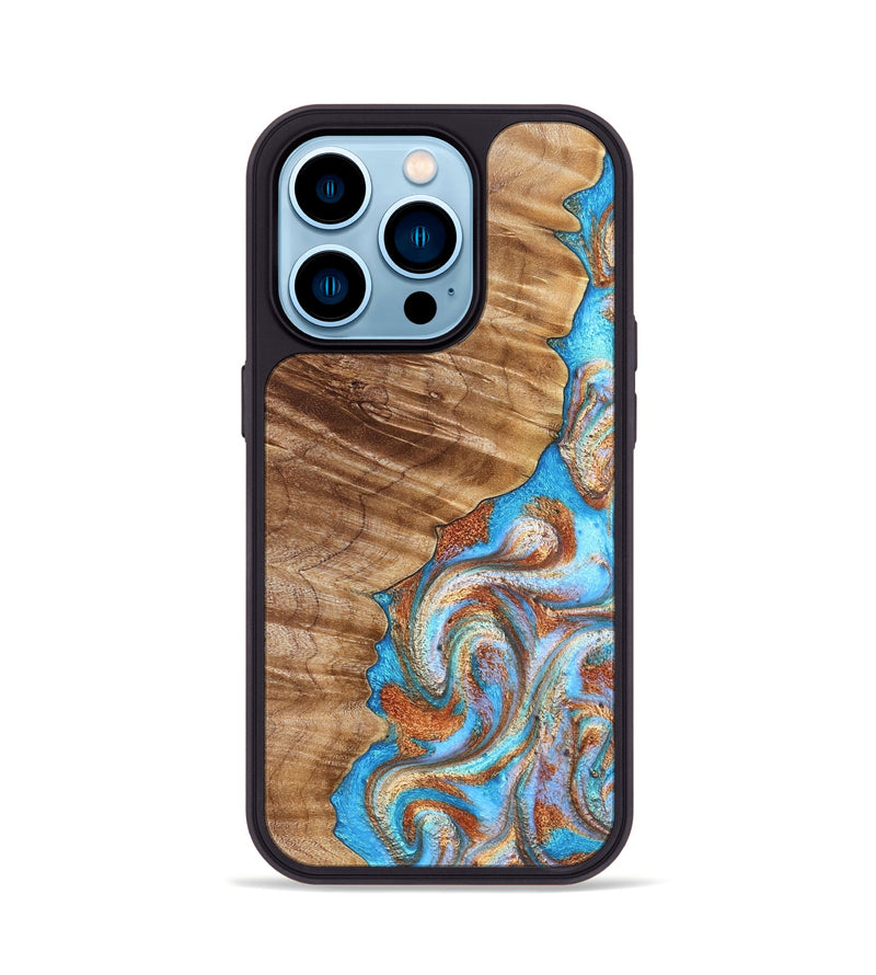 iPhone 14 Pro Wood Phone Case - Iva (Teal & Gold, 832355)