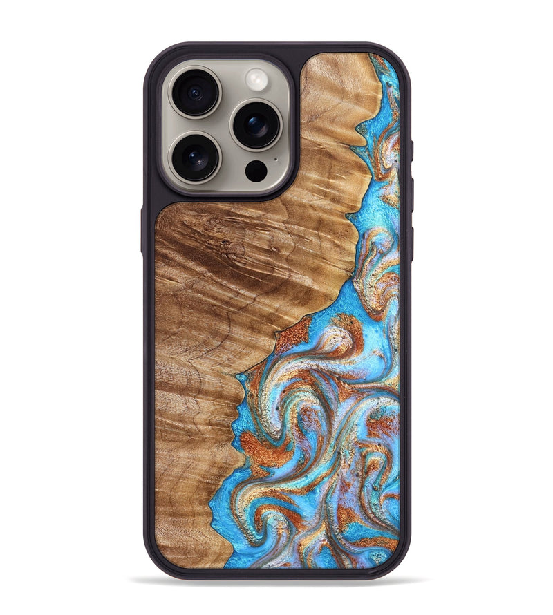 iPhone 15 Pro Max Wood Phone Case - Iva (Teal & Gold, 832355)