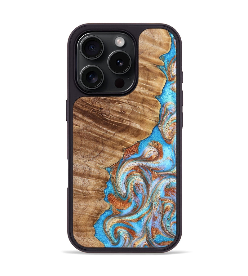 iPhone 16 Pro Wood Phone Case - Iva (Teal & Gold, 832355)