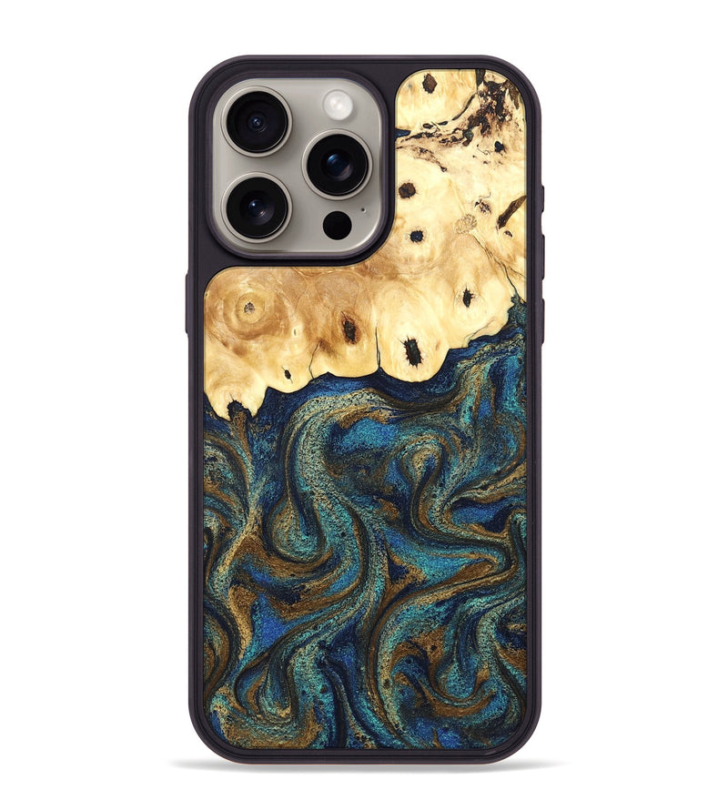 iPhone 15 Pro Max Wood Phone Case - Deidre (Teal & Gold, 832357)
