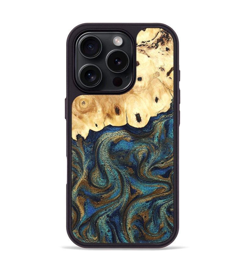 iPhone 16 Pro Wood Phone Case - Deidre (Teal & Gold, 832357)