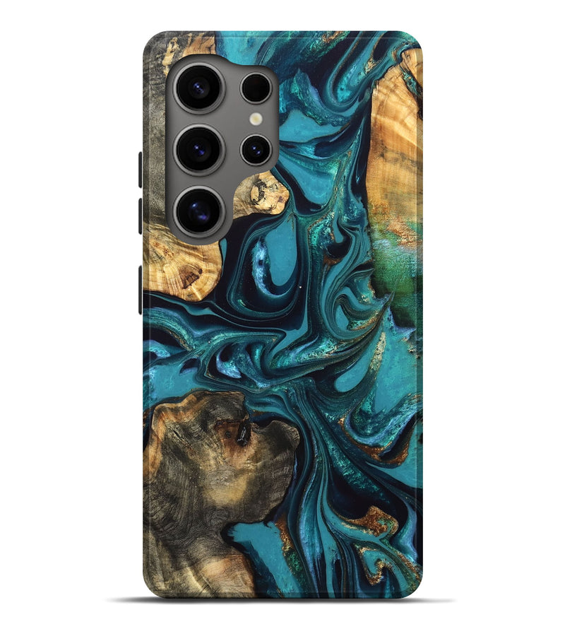 Galaxy S25 Ultra Wood Live Edge Phone Case - Asia (Teal & Gold, 832667)