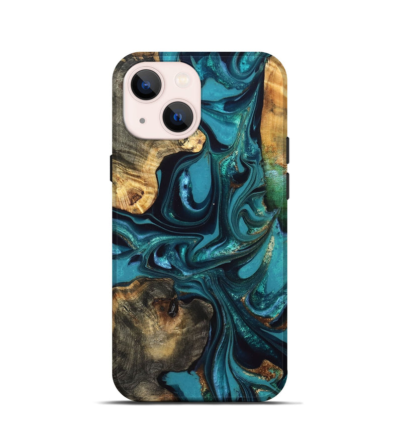 iPhone 13 mini Wood Live Edge Phone Case - Asia (Teal & Gold, 832667)