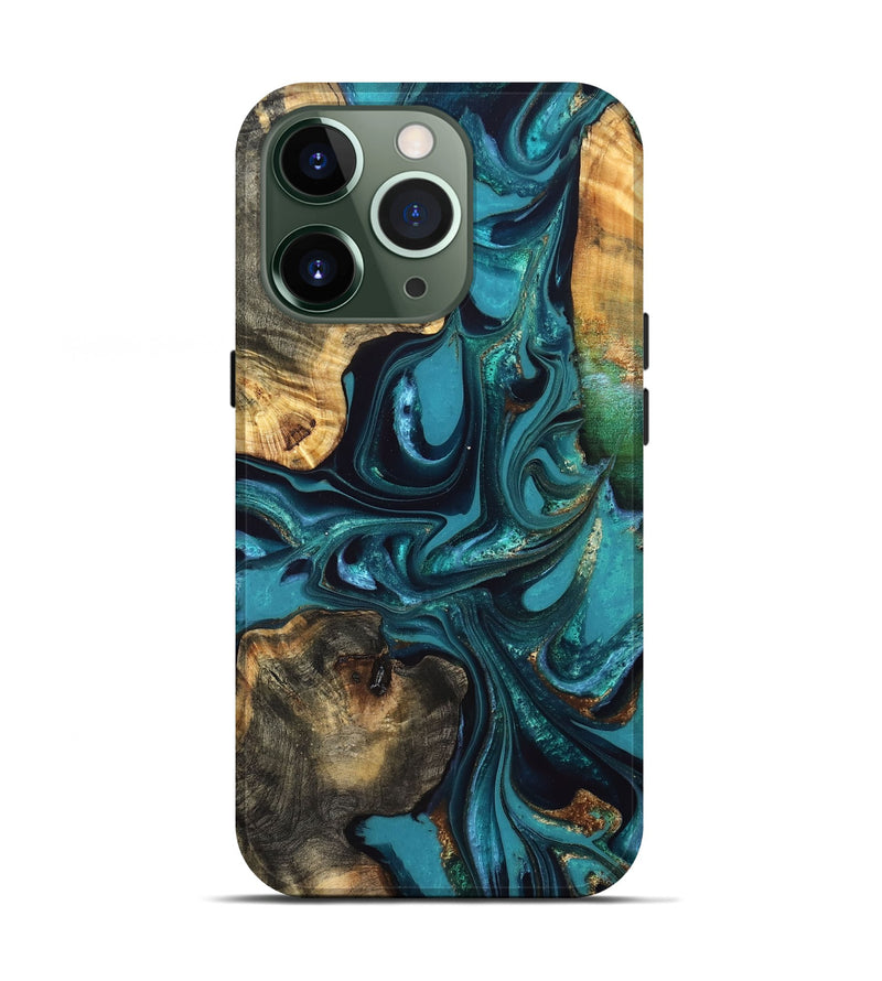 iPhone 13 Pro Wood Live Edge Phone Case - Asia (Teal & Gold, 832667)