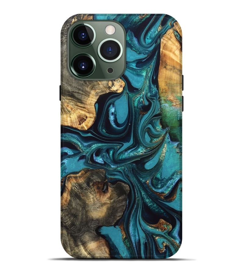 iPhone 13 Pro Max Wood Live Edge Phone Case - Asia (Teal & Gold, 832667)