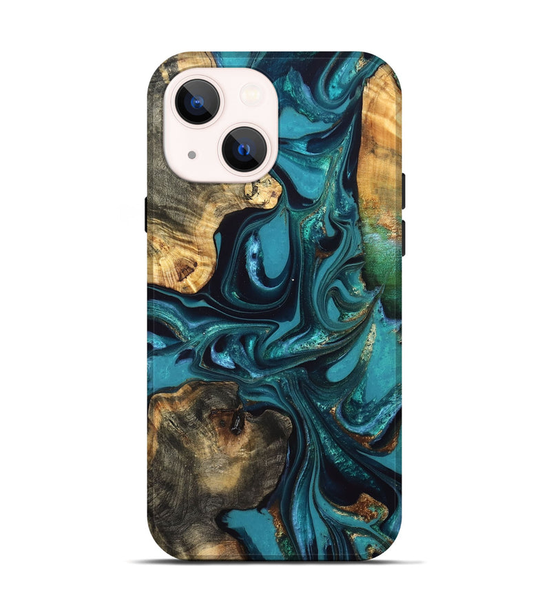 iPhone 14 Wood Live Edge Phone Case - Asia (Teal & Gold, 832667)
