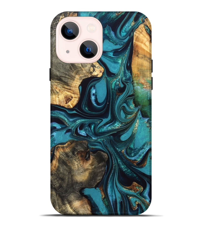 iPhone 14 Plus Wood Live Edge Phone Case - Asia (Teal & Gold, 832667)